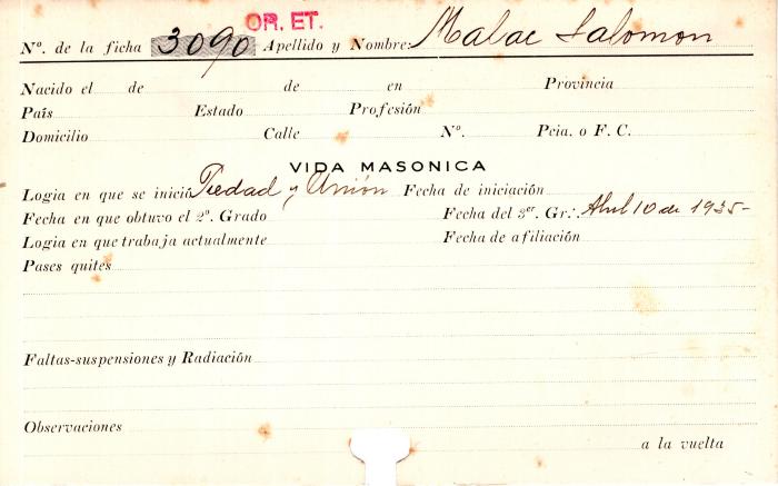Ficha de miembro de Salomón Malac.