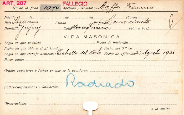 Ficha de miembro de Francisco Maffe.
