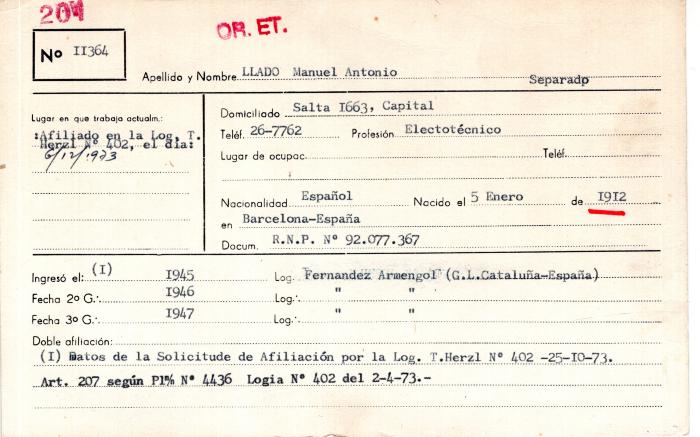 Ficha de miembro de Manuel Antonio Llado.