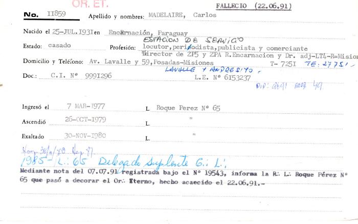 Ficha de miembro de Carlos Madelaire.