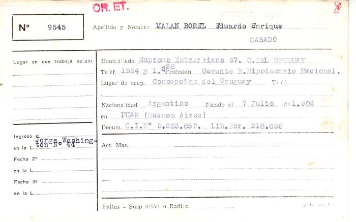 Ficha de miembro de Enrique Malan Borel.
