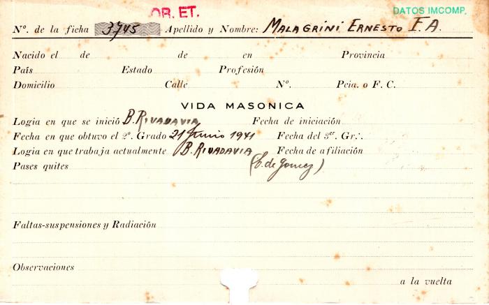 Ficha de miembro de Ernesto F. A. Malagrini.