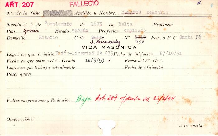 Ficha de miembro de Demetrio Malanos.