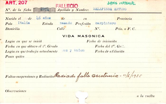 Ficha de miembro de Arturo Malapisna.
