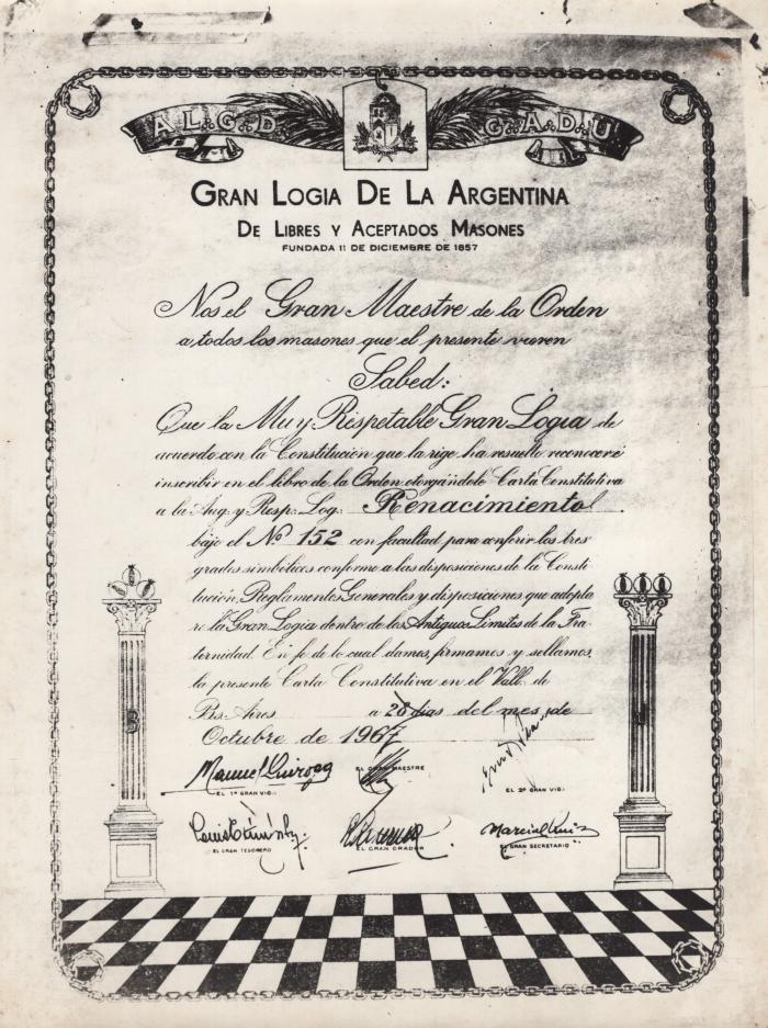 Fotografía de la carta patente constitutiva de la logia Renacimiento nro 152.
