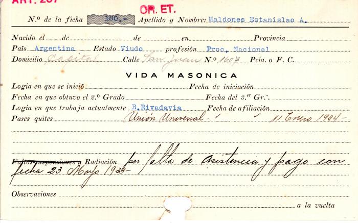 Ficha de miembro de Estanislao A. Maldones.