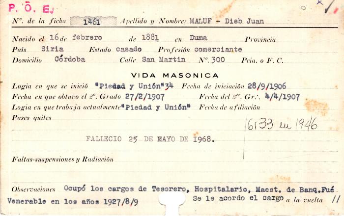 Ficha de miembro de Dieb Juan Maluf.