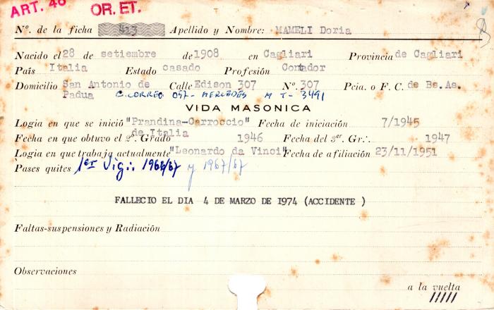 Ficha de miembro de Doria Mameli.