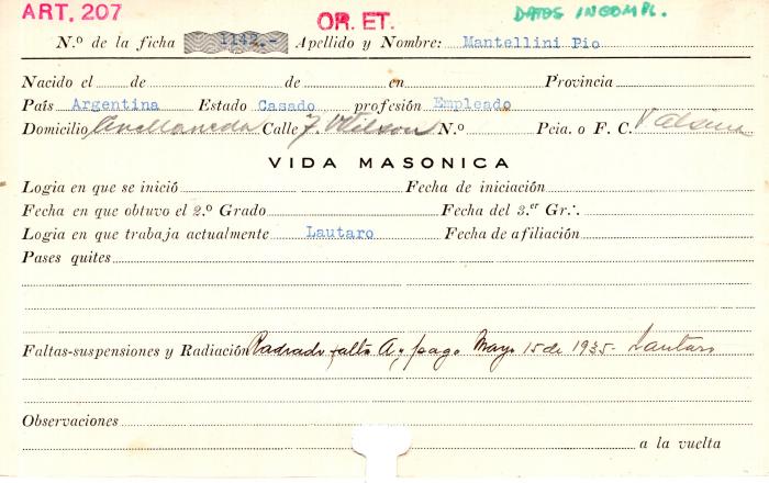 Ficha de miembro de Pio Mantellini.