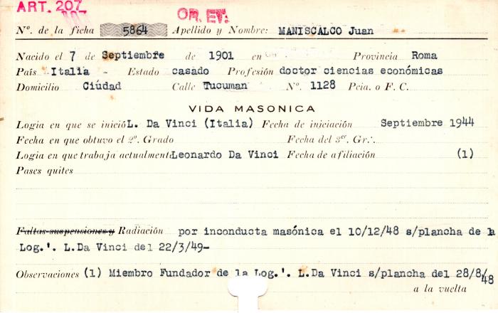 Ficha de miembro de Juan Maniscalco.
