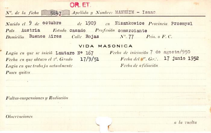 Ficha de miembro de Isaac Manheim.