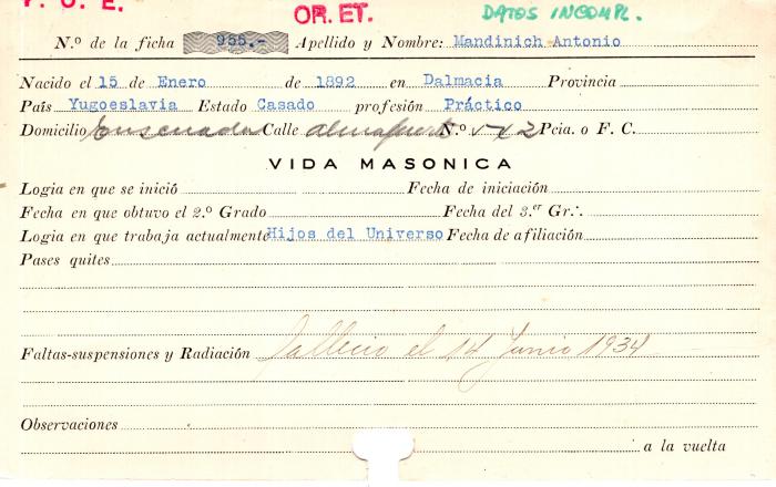 Ficha de miembro de Antonio Mandinich.