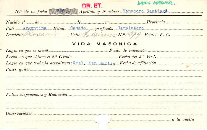 Ficha de miembro de Santiago Manodoro.