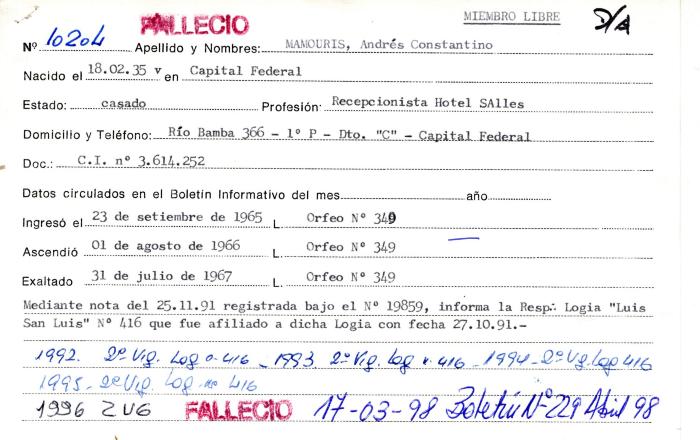 Ficha de miembro de Andrés Constantino Mamouris.