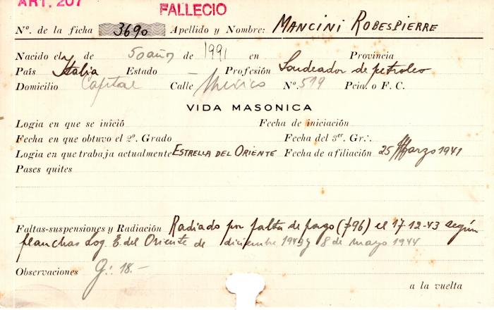 Ficha de miembro de Robespierre Mancini.