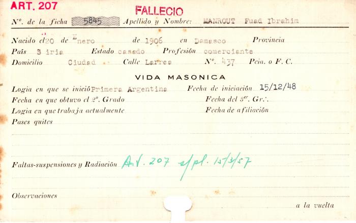 Ficha de miembro de Fuad Ibrahim Manrout.