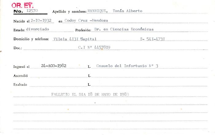 Ficha de miembro de Tomás Alberto Manrique.