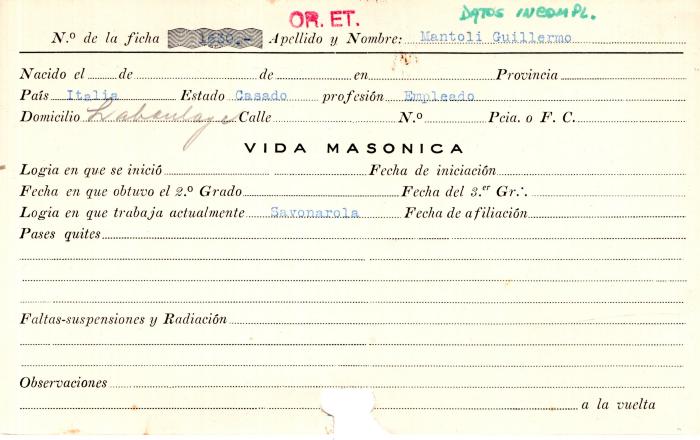 Ficha de miembro de Guillermo Mantoli.