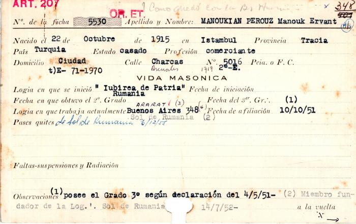 Ficha de miembro de Manouk Ervant Manoukian Perouz.