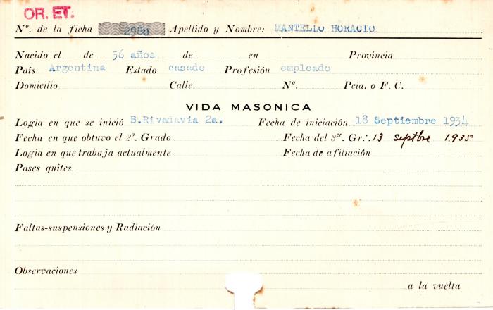 Ficha de miembro de Horacio Mantello.