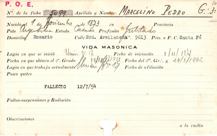 Ficha de miembro de Pedro Marcelino.