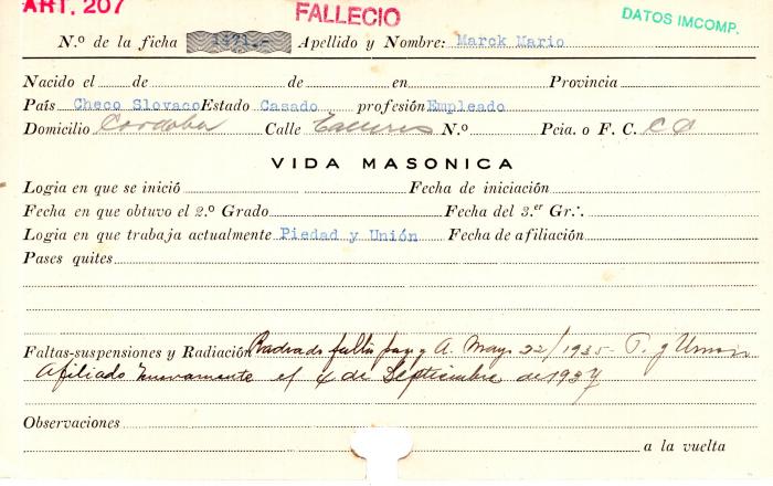 Ficha de miembro de Mario Marck.