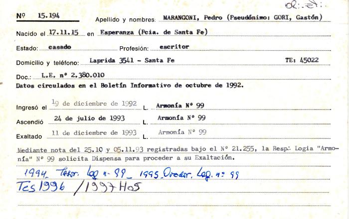 Ficha de miembro de Pedro Marangoni.