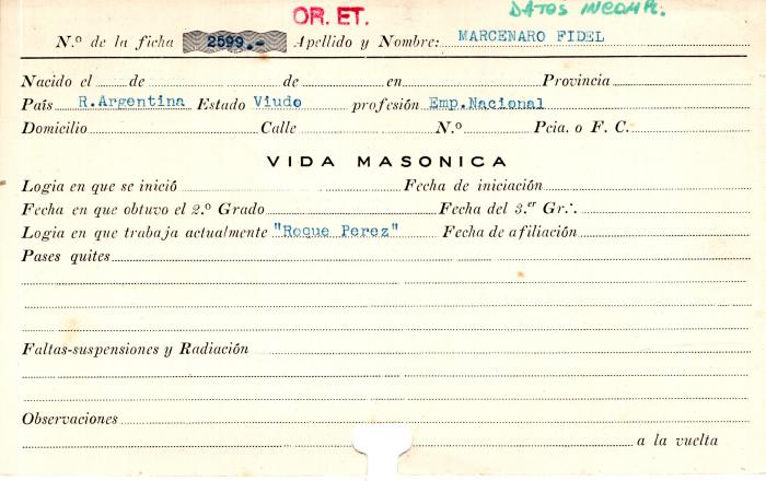 Ficha de miembro de Fidel Marcenaro.