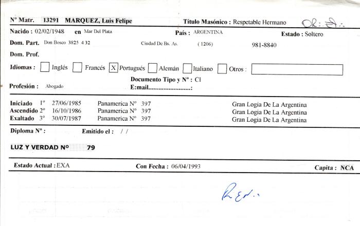 Ficha de miembro de Luis Felipe Marquez.