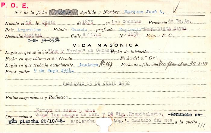 Ficha de miembro de José A. Marquez.