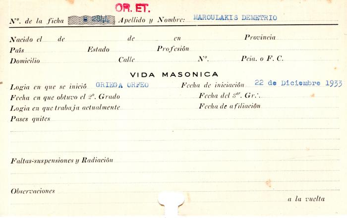 Ficha de miembro de Demetrio Maroulakis.