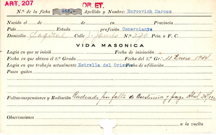 Ficha de miembro de Marcos Marcovich.