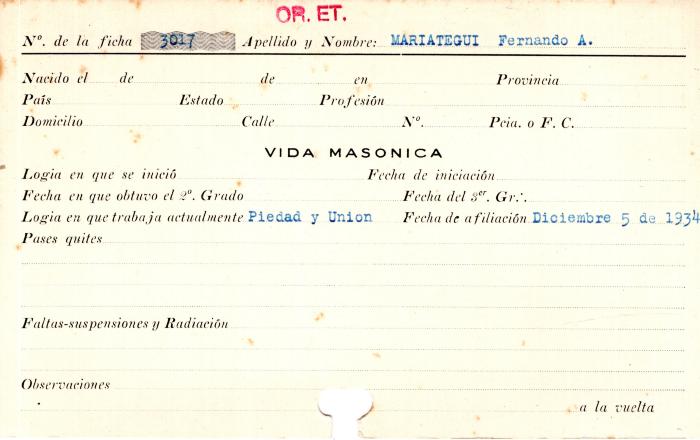 Ficha de miembro de Fernando A. Mariategui.