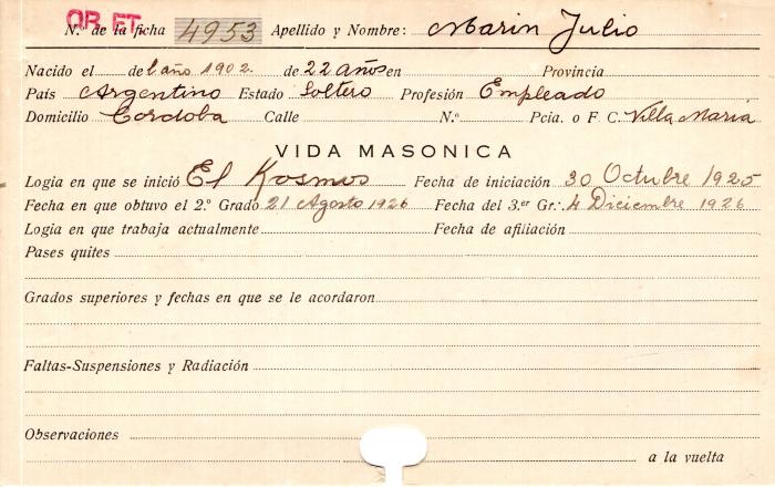 Ficha de miembro de Julio Marín.