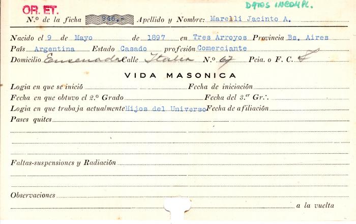Ficha de miembro de Jacinto A. Marelli.