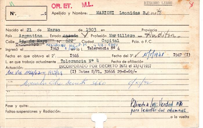 Ficha de miembro de Leonidas Benito Marioni.