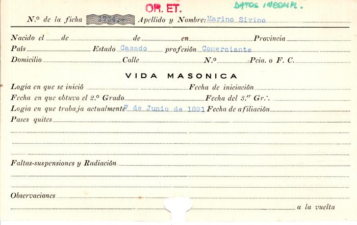 Ficha de miembro de Sivino Marino.