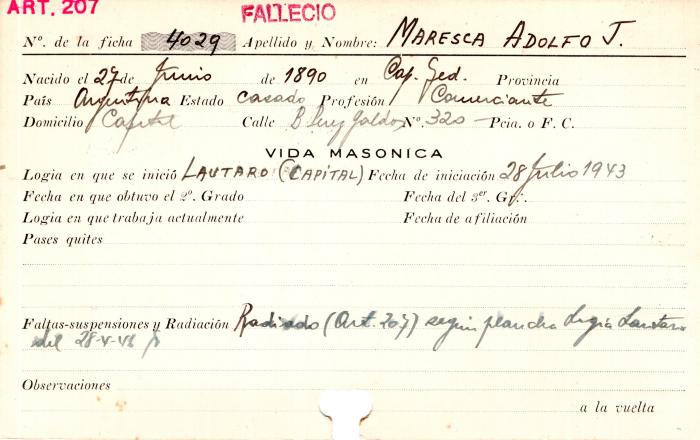Ficha de miembro de Adolfo J. Maresca.