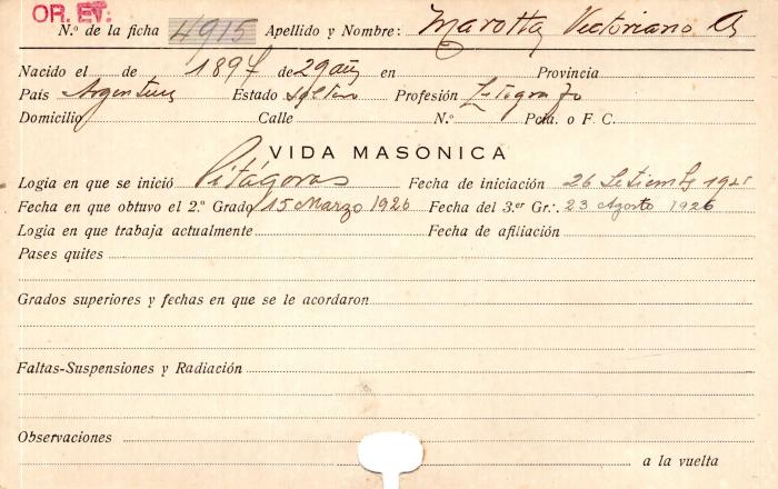 Ficha de miembro de Victoriano A. Marotta.
