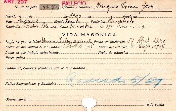 Ficha de miembro de Tomás José Marquez.