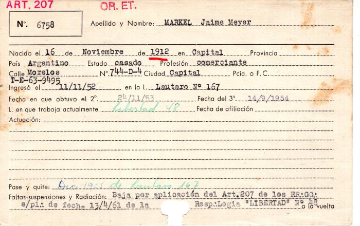 Ficha de miembro de Jaime Meyer Markel.