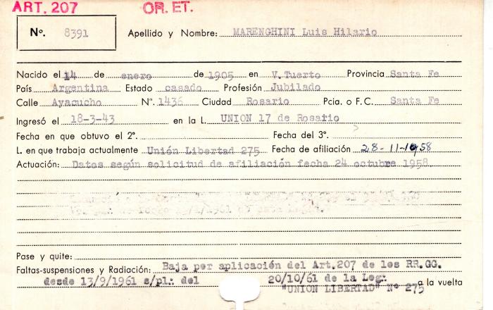 Ficha de miembro de Luis Hilario Marenghini.