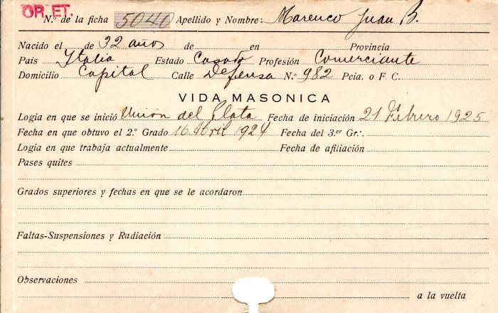 Ficha de miembro de Juan B. Marenco.