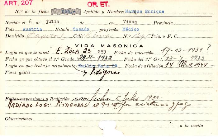 Ficha de miembro de Enrique Markus.