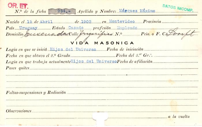 Ficha de miembro de Máximo Marquez.