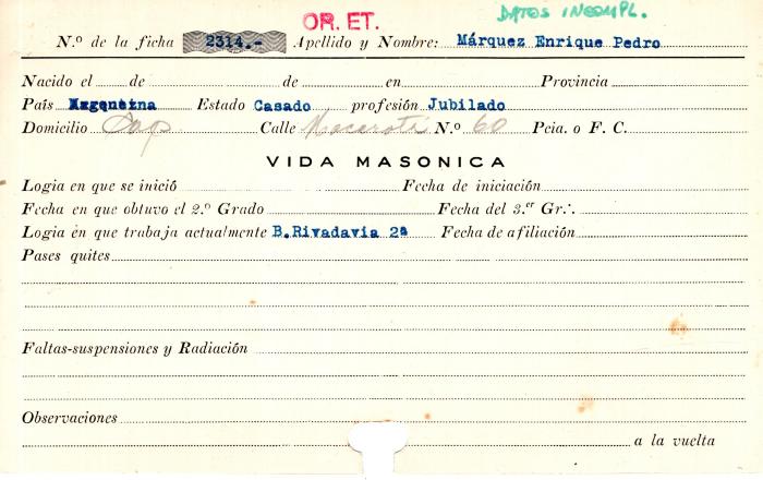 Ficha de miembro de Enrique Pedro Marquez.