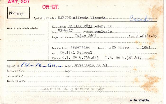Ficha de miembro de Alfredo Vicente Marcos.
