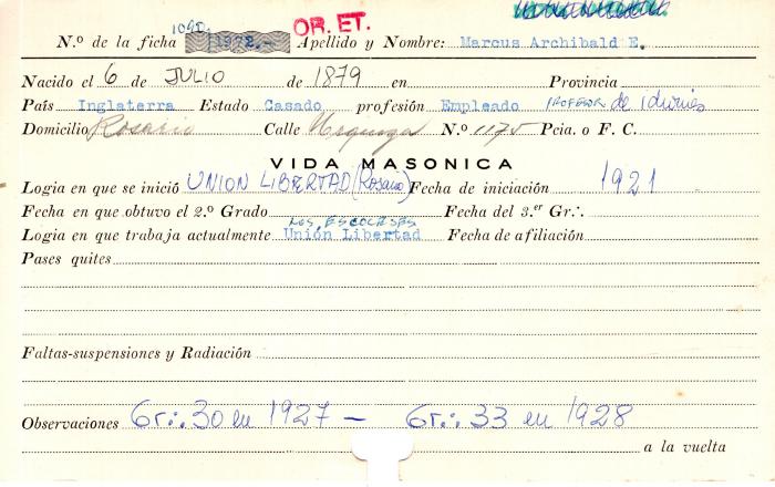 Ficha de miembro de Archibald E. Marcus.