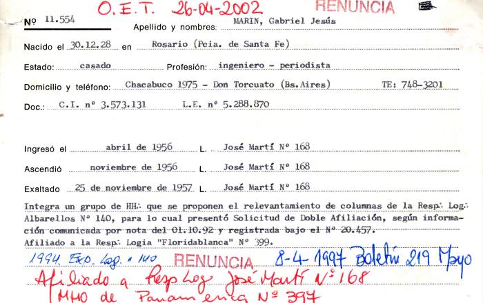 Ficha de miembro de Gabriel Jesús Marín.