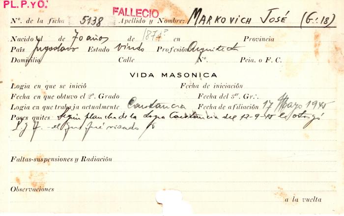 Ficha de miembro de José Markovich.